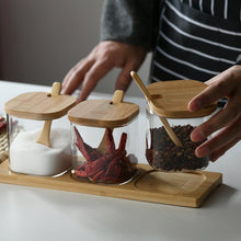 Load image into Gallery viewer, Set of 3 Glass Spice Jars with Bamboo Lids and Spoon on a Bamboo Tray - 350ml - Square