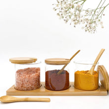 Load image into Gallery viewer, Set of 3 Glass Spice Jars with Bamboo Lids and Spoon on a Bamboo Tray - 350ml