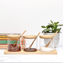 Load image into Gallery viewer, Set of 3 Glass Spice Jars with Bamboo Lids and Spoon on a Bamboo Tray - 350ml