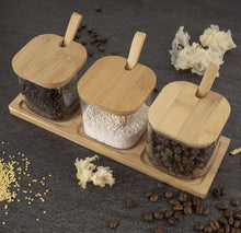 Load image into Gallery viewer, Set of 3 Glass Spice Jars with Bamboo Lids and Spoon on a Bamboo Tray - 350ml - Square