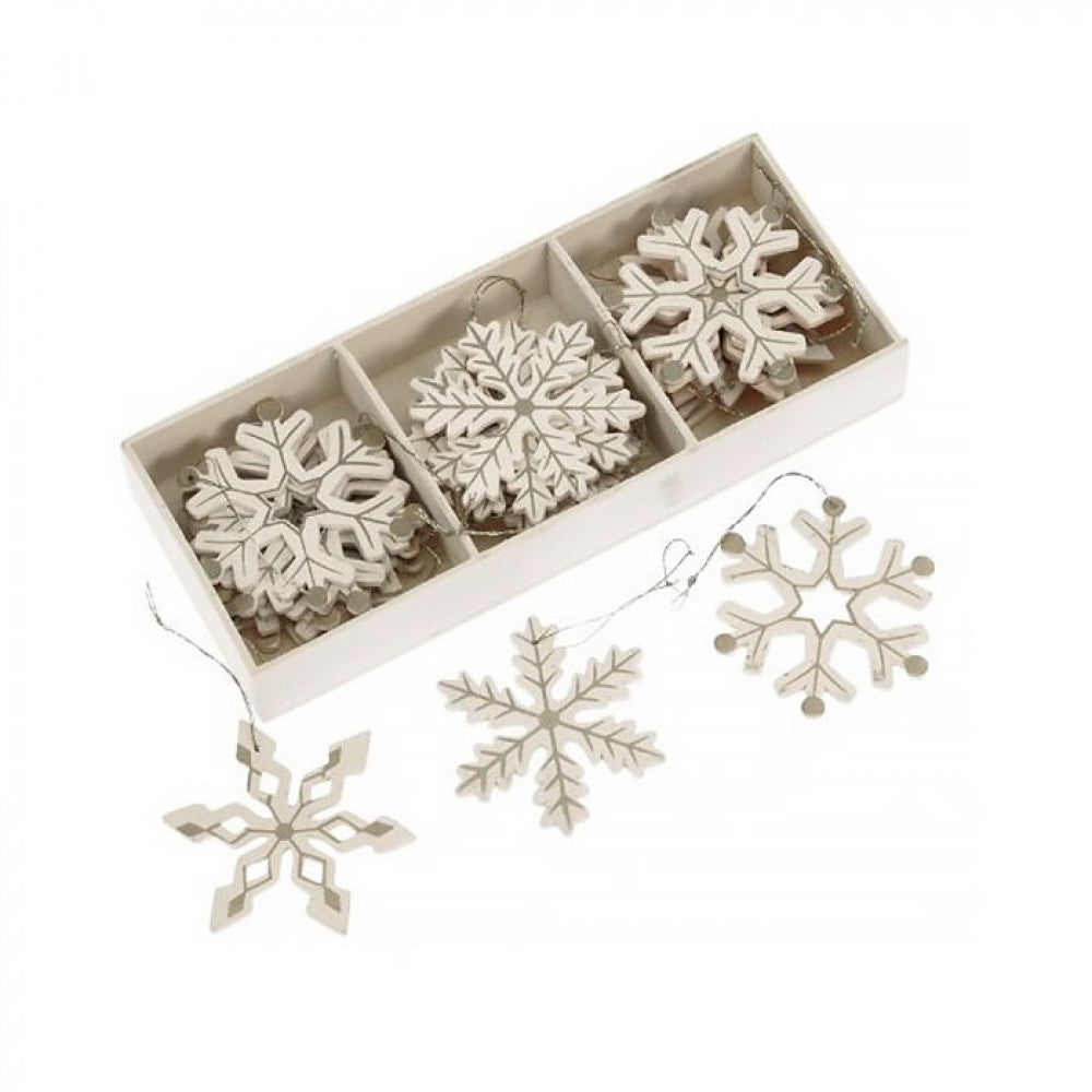 Set of Cream & Silver Wooden Snowflakes